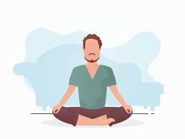 The man sits in the lotus position. Yoga. Cartoon style. Vector illustration