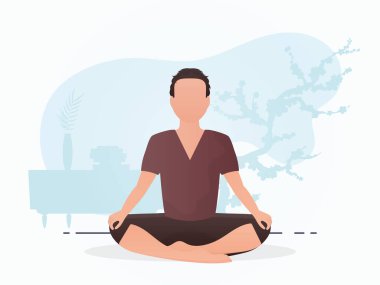 Bir adam oturuyor ve yoga yapıyor. Yoga. Çizgi film tarzı. Vektör illüstrasyonu