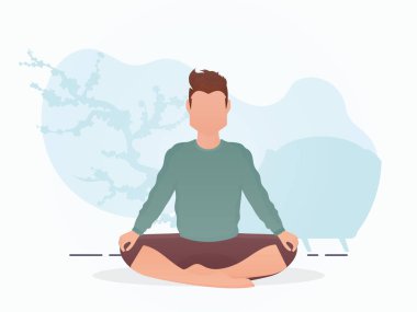 Bir adam oturuyor ve yoga yapıyor. Meditasyon. Çizgi film tarzı. Vektör illüstrasyonu