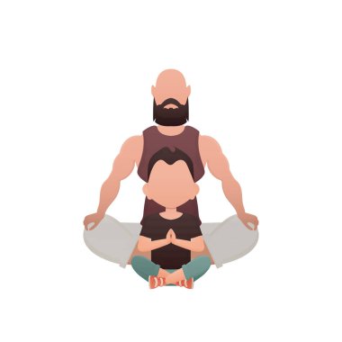 Baba ve küçük oğlu oturmuş yoga yapıyorlar. İzole edilmiş. Çizgi film tarzı. Vektör illüstrasyonu
