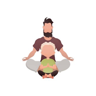 Babam ve küçük oğlum oturmuş meditasyon yapıyorlar. İzole edilmiş. Çizgi film tarzı. Vektör illüstrasyonu