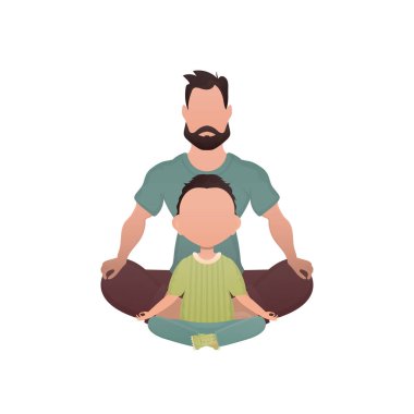 Baba ve oğul nilüfer pozisyonunda yoga yapıyorlar. İzole edilmiş. Çizgi film tarzı. Vektör illüstrasyonu