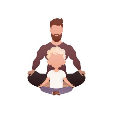 Sevimli bir bebeği olan bir adam lotus pozisyonunda meditasyon yapar. İzole edilmiş. Çizgi film tarzı. Vektör illüstrasyonu