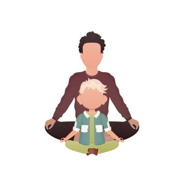 Tatlı bir bebeği olan bir adam meditasyon yapar. İzole edilmiş. Çizgi film tarzı. Vektör illüstrasyonu