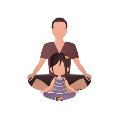 Baba ve küçük kız lotus pozisyonunda oturuyorlar. İzole edilmiş. Çizgi film tarzı. Vektör illüstrasyonu