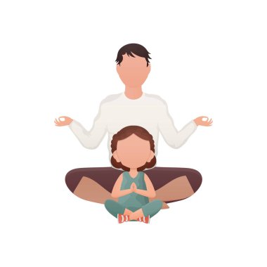 Baba ve küçük kızı oturmuş yoga yapıyorlar. İzole edilmiş. Çizgi film tarzı. Vektör illüstrasyonu