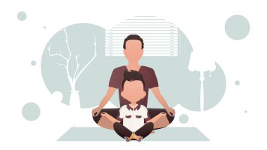 Güçlü bir adam ve tapılası bir bebek bir odada meditasyon yapıyorlar. Meditasyon. Çizgi film tarzı. Vektör illüstrasyonu