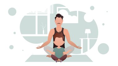 Küçük oğlu olan baba nilüfer çiçeği pozisyonunda meditasyon yapıyor. Meditasyon. Çizgi film tarzı. Vektör illüstrasyonu