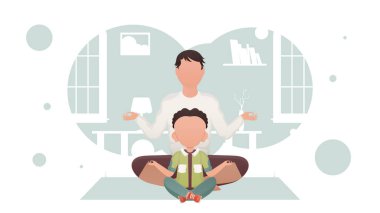 Baba ve küçük oğlu odada meditasyon yapıyorlar. Yoga. Çizgi film tarzı. Vektör illüstrasyonu