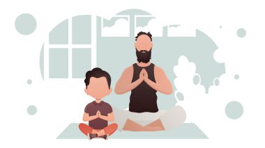 Küçük oğlu olan baba nilüfer çiçeği pozisyonunda meditasyon yapıyor. Yoga. Çizgi film tarzı. Vektör illüstrasyonu
