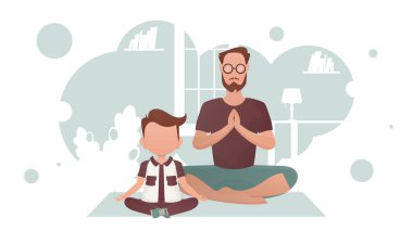 Baba ve küçük oğlu odada meditasyon yapıyorlar. Meditasyon. Çizgi film tarzı. Vektör illüstrasyonu
