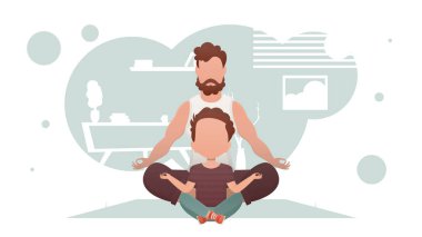 Baba ve küçük oğlu odada oturup yoga yapıyorlar. Meditasyon. Çizgi film tarzı. Vektör illüstrasyonu
