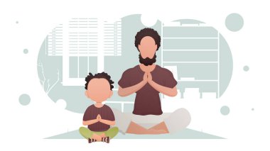 Küçük bir çocuğu olan bir adam nilüfer çiçeği pozisyonunda meditasyon yapıyor. Meditasyon. Çizgi film tarzı. Vektör illüstrasyonu