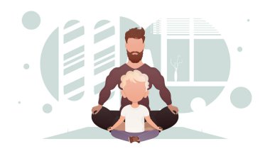 A man with a little boy are sitting meditating in the lotus position. Yoga. Cartoon style. Vector illustration