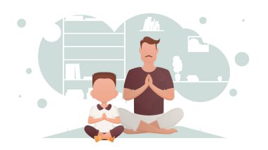 Küçük çocuğu olan bir adam odada oturup yoga yapıyor. Meditasyon. Çizgi film tarzı. Vektör illüstrasyonu