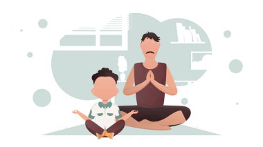 Küçük bir çocukla birlikte bir adam odada meditasyon yapıyor. Yoga. Çizgi film tarzı. Vektör illüstrasyonu