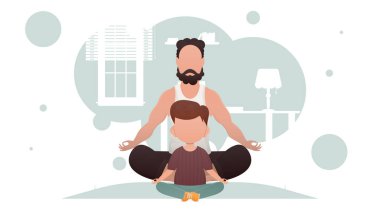 Baba ve oğul nilüfer çiçeği pozisyonunda meditasyon yapıyorlar. Meditasyon. Çizgi film tarzı. Vektör illüstrasyonu