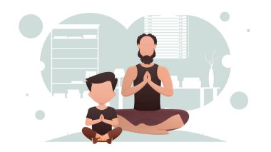 Baba ve oğul odada meditasyon yapıyorlar. Yoga. Çizgi film tarzı. Vektör illüstrasyonu