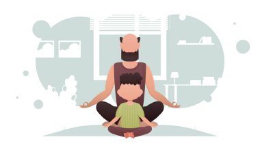 Baba ve oğul odada meditasyon yapıyorlar. Meditasyon. Çizgi film tarzı. Vektör illüstrasyonu