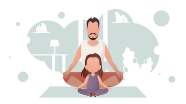 Güçlü bir adam ve tatlı bir kız oturmuş meditasyon yapıyorlar. Meditasyon. Çizgi film tarzı. Vektör illüstrasyonu