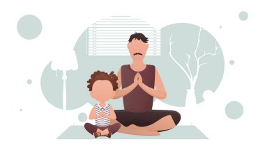 Baba ve küçük kız oturmuş meditasyon yapıyorlar. Yoga. Çizgi film tarzı. Vektör illüstrasyonu