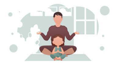 Dad and little daughter are sitting in the lotus position. Meditation. Cartoon style. Vector illustration