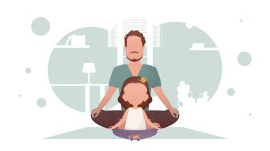 Baba ve küçük kızı oturmuş yoga yapıyorlar. Meditasyon. Çizgi film tarzı. Vektör illüstrasyonu