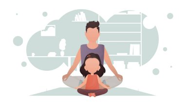 Baba ve küçük kızı oturmuş yoga yapıyorlar. Yoga. Çizgi film tarzı. Vektör illüstrasyonu