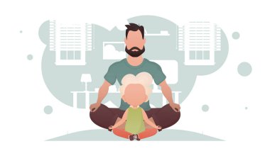 Baba ve kızı nilüfer çiçeği pozisyonunda meditasyon yapıyorlar. Yoga. Çizgi film tarzı. Vektör illüstrasyonu