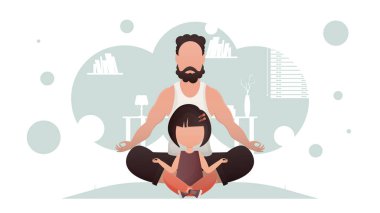 Baba ve kızı nilüfer pozisyonunda oturuyorlar. Meditasyon. Çizgi film tarzı. Vektör illüstrasyonu