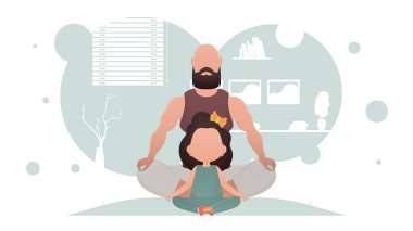 Küçük bir kızı olan bir adam oturuyor ve yoga yapıyor. Meditasyon. Çizgi film tarzı. Vektör illüstrasyonu