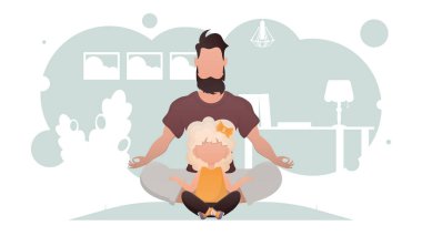 Baba ve kızı oturmuş meditasyon yapıyorlar. Yoga. Çizgi film tarzı. Vektör illüstrasyonu