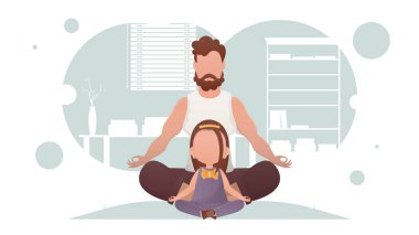 Baba ve kızı nilüfer pozisyonunda oturuyorlar. Yoga. Çizgi film tarzı. Vektör illüstrasyonu
