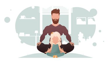 Baba ve kızı nilüfer çiçeği pozisyonunda meditasyon yapıyorlar. Meditasyon. Çizgi film tarzı. Vektör illüstrasyonu