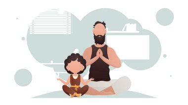 Baba ve kızı oturmuş yoga yapıyorlar. Meditasyon. Çizgi film tarzı. Vektör illüstrasyonu