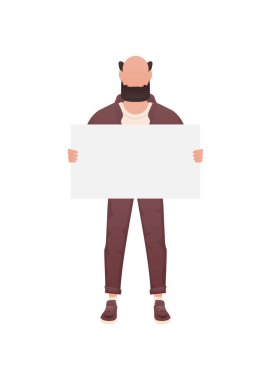 Güçlü bir fiziği olan ve elinde boş bir pankart tutan bir adam. İzole edilmiş. Çizgi film tarzı. Vektör illüstrasyonu