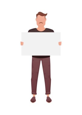 Güçlü bir fiziği olan ve elinde boş bir çarşaf tutan bir adam. İzole edilmiş. Çizgi film tarzı. Vektör illüstrasyonu