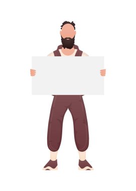 Güçlü fiziği olan bir adam elinde boş bir çarşaf tutar. İzole edilmiş. Çizgi film tarzı. Vektör illüstrasyonu