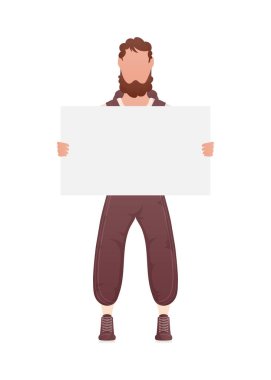 Güçlü fiziği olan bir adamın elinde boş bir pankart vardır. İzole edilmiş. Çizgi film tarzı. Vektör illüstrasyonu