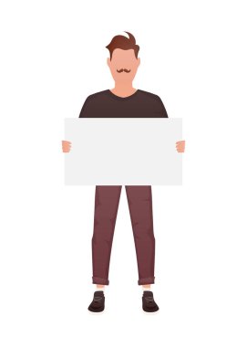 Bir adam elinde boş bir çarşaf tutuyor. İzole edilmiş. Çizgi film tarzı. Vektör illüstrasyonu