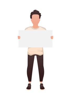 Bir adam tamamen büyümüş ve elinde boş bir çarşaf tutuyor. İzole edilmiş. Çizgi film tarzı. Vektör illüstrasyonu
