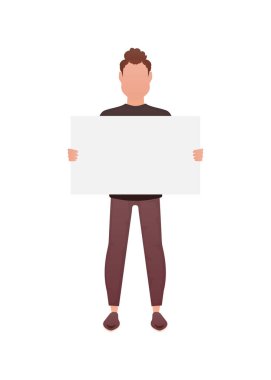 A man is in full growth and holds an empty space for advertising in his hands. Isolated. Cartoon style. Vector illustration