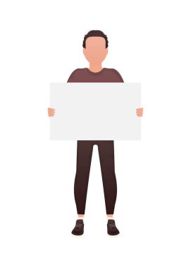 Bir adam elinde boş bir tablet tutuyor. İzole edilmiş. Çizgi film tarzı. Vektör illüstrasyonu