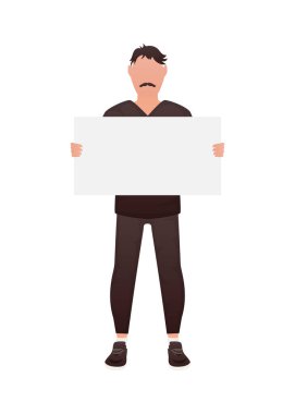 A man stands in full growth and holds an empty space for advertising in his hands. Isolated. Cartoon style. Vector illustration