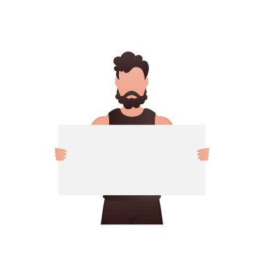 Genç ve güçlü bir adam beline kadar ayakta duruyor ve elinde boş bir çarşaf tutuyor. İzole edilmiş. Çizgi film tarzı. Vektör illüstrasyonu