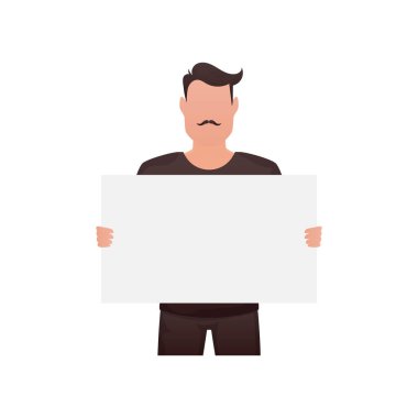 Atletik yapılı bir adam elinde boş bir çarşaf tutar. İzole edilmiş. Çizgi film tarzı. Vektör illüstrasyonu