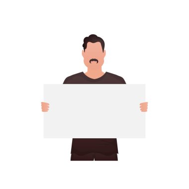 Genç ve güçlü bir adam beline kadar ayakta duruyor ve elinde boş bir tabela tutuyor. İzole edilmiş. Çizgi film tarzı. Vektör illüstrasyonu