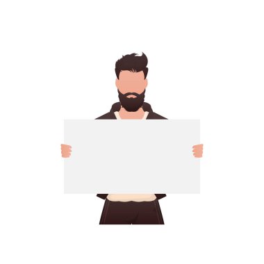 Genç ve güçlü bir adam beline kadar ayakta duruyor ve elinde boş bir pankart tutuyor. İzole edilmiş. Çizgi film tarzı. Vektör illüstrasyonu