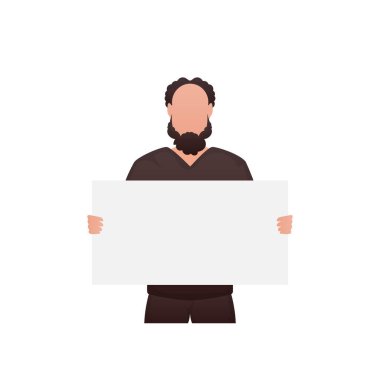 Atletik yapılı bir adam beline kadar ayakta duruyor ve elinde reklam için boş bir alan tutuyor. İzole edilmiş. Çizgi film tarzı. Vektör illüstrasyonu