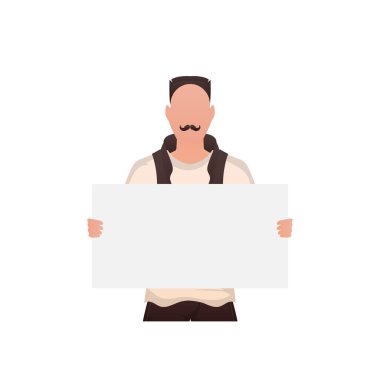 Güçlü fiziği olan bir adam elinde boş bir tabela tutar. İzole edilmiş. Çizgi film tarzı. Vektör illüstrasyonu